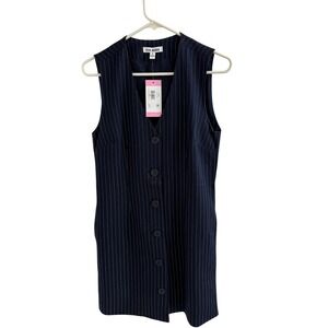 Steve Madden Navy Blue Pinstripe Button Front Vest Mini Dress Sleeveless Small